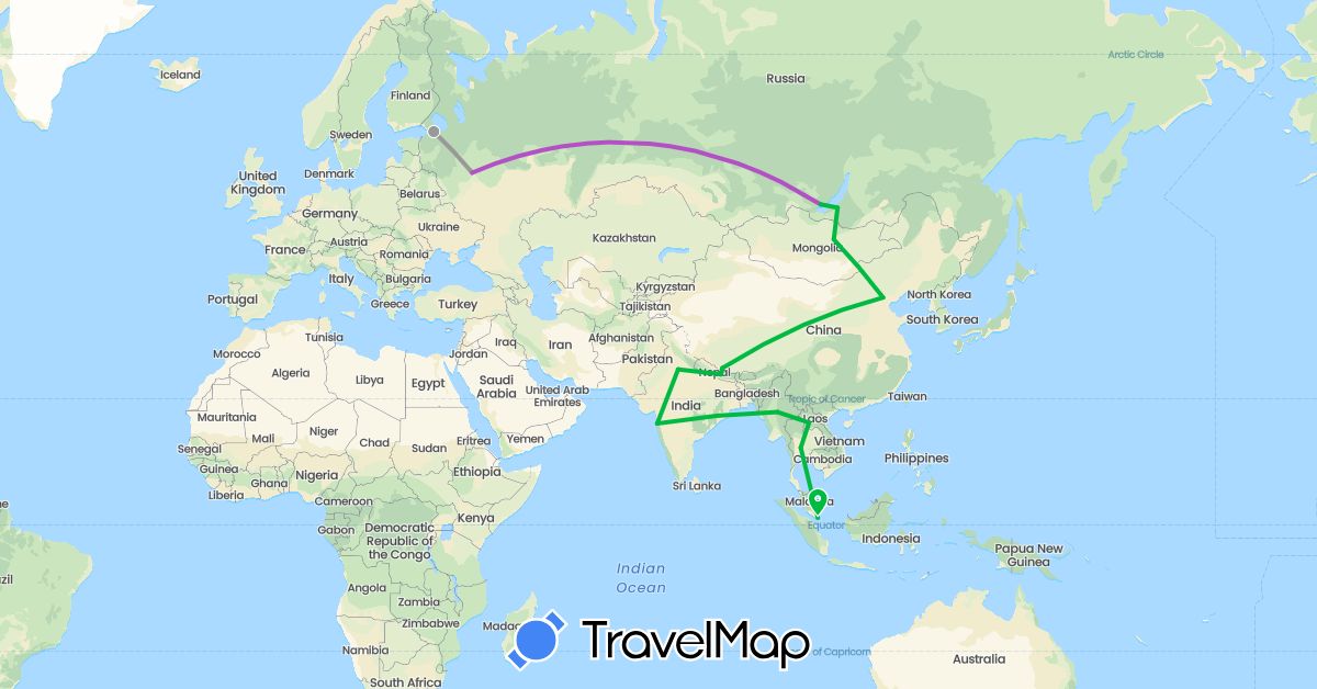 TravelMap itinerary: driving, bus, plane, train in China, India, Laos, Myanmar (Burma), Mongolia, Nepal, Russia, Singapore, Thailand (Asia, Europe)